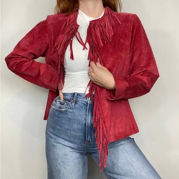 Vintage Large Red 100% Genuine Suede Leather Boho Style Fringe Leather Jacket - Picture 1 of 11